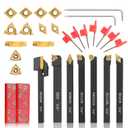 Indexable Lathe Turning Tool 21Pcs Kit 1/4'' 6mm Shank 7Pcs Metal Lathe Tools Holder Set with 14Pcs Turning Inserts for Turning Grooving Threading Boring Carbide Inserts Carbide Turning Tool 