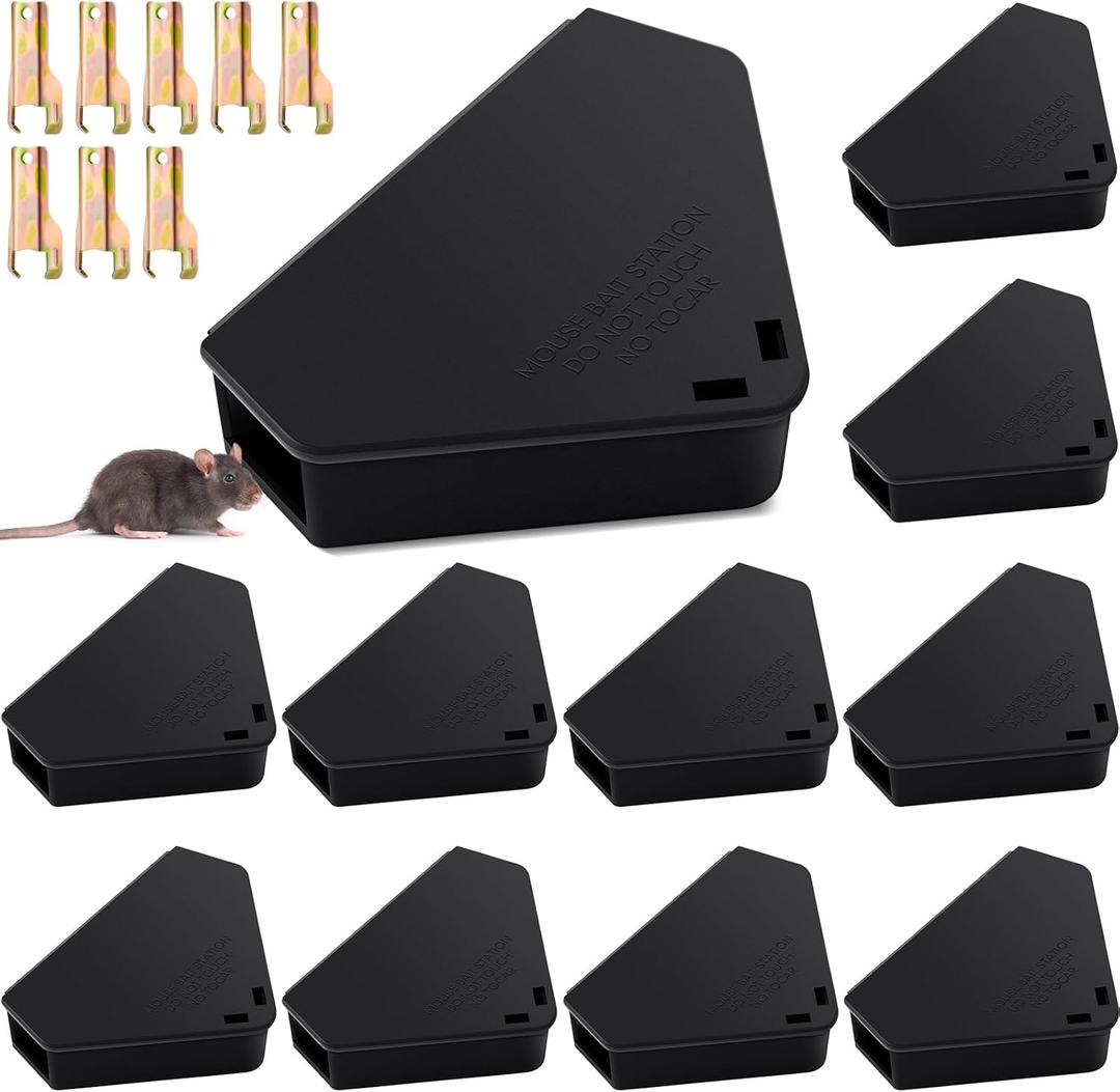Qualirey 12 Pcs Mice Station with Key Triangle Mouse Station Lockable Reusable Bait Box, Enclosed Design for Indoor and Outdoor Use, Suitable for Small Mice (Black)