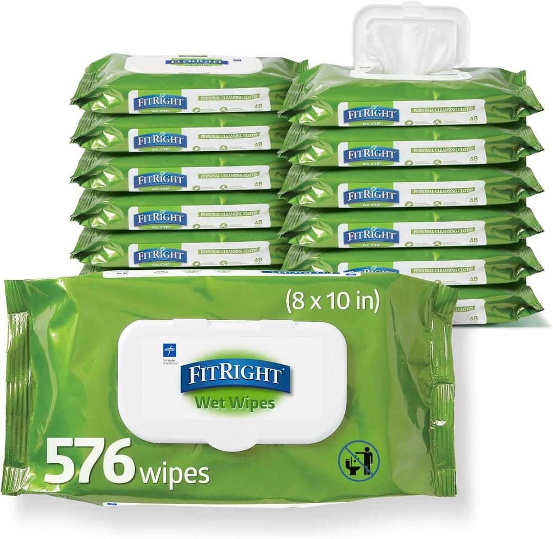 Medline FitRight Aloe Personal Cleansing Cloth Wipes, Scented, 576 Count, 8 x 12 inch Adult Large Incontinence Wipes