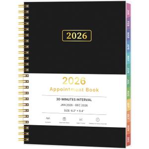 2026 Appointment Book, 30 Minutes-Hourly, Weekly  Monthly Calendar Planner 2026, Jan 2026 - Dec 2026, 6.2'' x 8.4'', 2026 Daily Planner with Tabs Pocket, Flexible Cover, Great for Office, Home, School (Black)