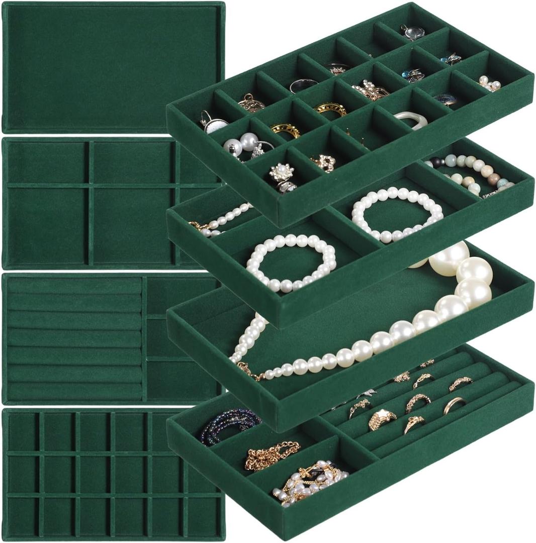 Homaisson Jewelry Drawer Organizer, Velvet Jewelry Tray, Multiple Compartment Layout, Stackable Jewelry Trays for Rings, Earrings, Bracelets, Necklaces, Dark Green, 4 PCS Homaisson Jewelry Drawer Organizer, Velvet Jewelry Tray, Multiple Compartment Layout, Stackable Jewelry Trays for Rings, Earrings, Bracelets, Necklaces, Dark Green, 4 PCS