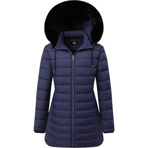 GOLDLADIES Women's Waterproof Long Down Jacket,Warm Winter Hooded Puffer Coat Thickened for Hiking Outdoor (Large, Navy)