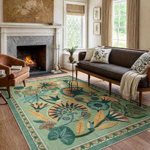 Zealude 5x7 Floral Rug, Green Rug for Living Room, Washable Low Pile Bedroom Rugs, Non Slip Throw Rugs with Rubber Backing, Soft Carpet for Dining Room Home Office Playroom