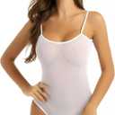 BIGFOX Women's Sexy Shapewear Bodysuit, Spaghetti Straps U Back Mesh High Cut Bodycon Teddy Jumpsuit for Date, Club, Rave (White, One Size)