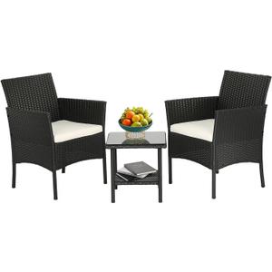 FDW Wicker Outdoor Furniture Patio Furniture Set of 3 Rattan Patio Chairs Outdoor Chairs Patio Conversation Set with Coffee Table for Yard Backyard Lawn Porch Poolside Balcony,Black (Black and Beige)