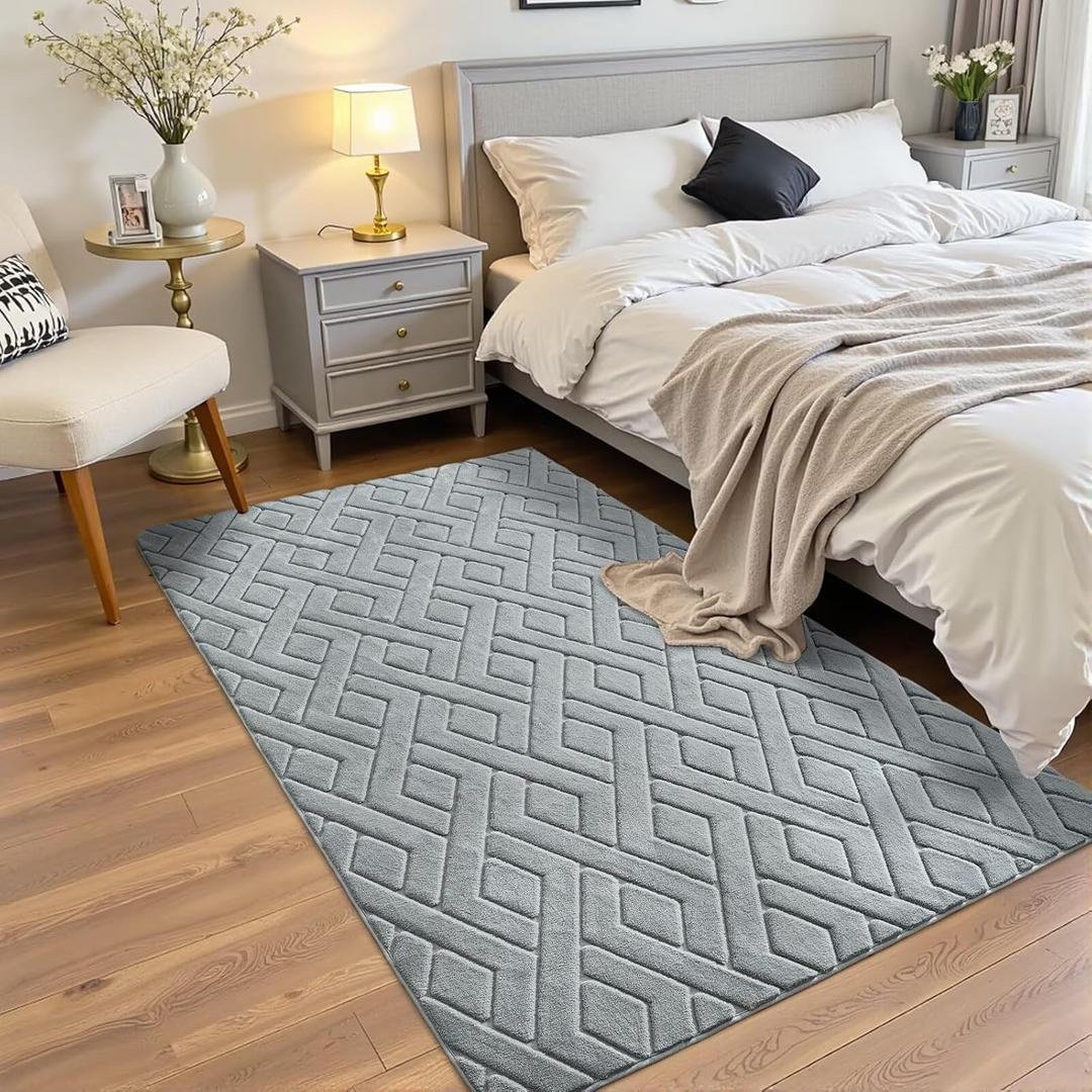 3x5 Grey Washable Area Rug for Bedroom, Modern Geometric Shag Non-Slip Living Room Rugs, Fluffy Plush Soft Memory Foam Carpet for Kids Boys Room Nursery Room Dorm Bedside Decor