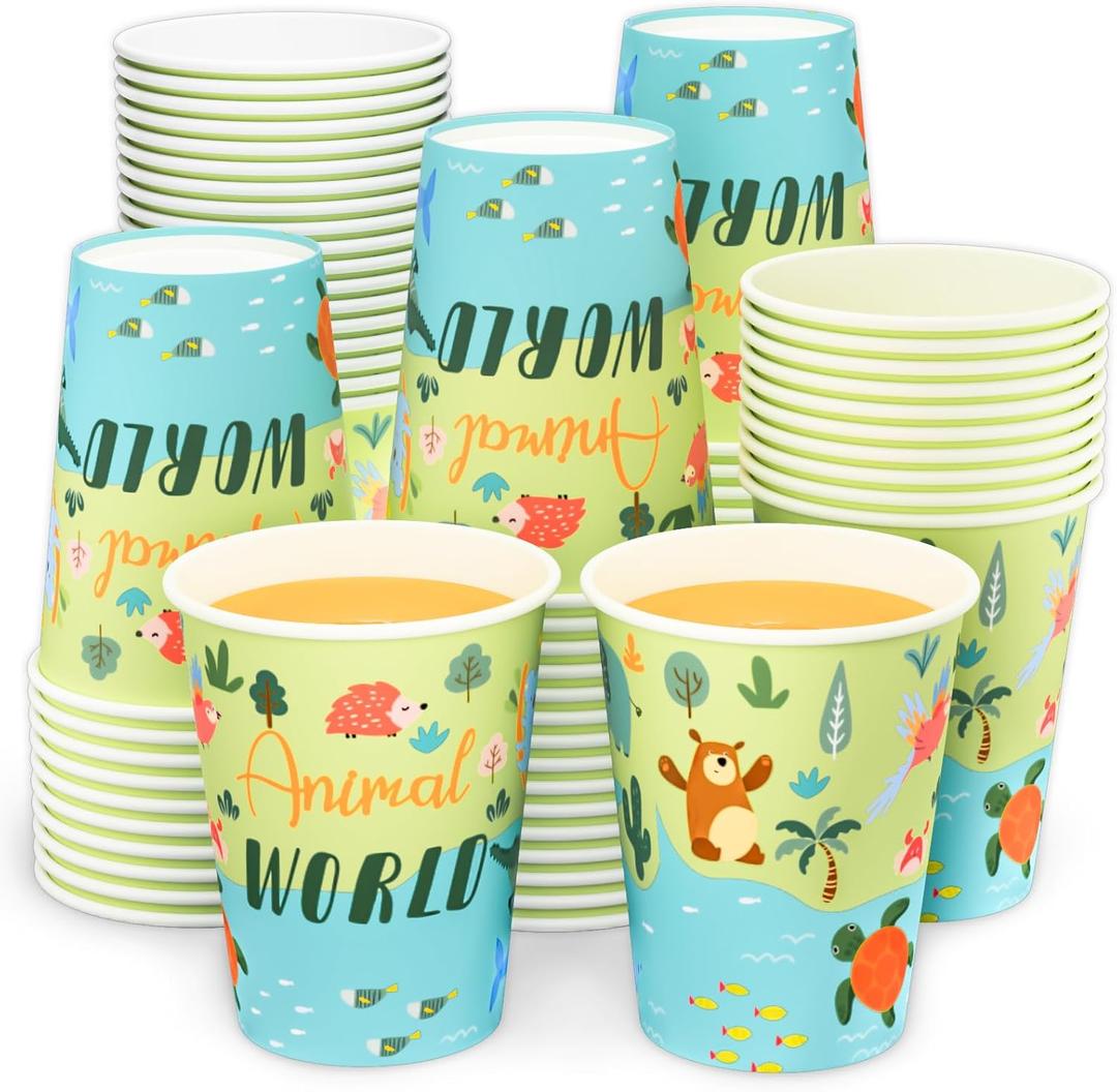 DYLIVeS Animal World Map Paper Cups, 100 Pack Jungle Safari Disposable Cups Woodland Atlantic Blue Ocean Cups Animals Birthday Party Supplies for Boys Baby Shower Birthday Party Decorations, 9 OZ