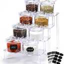 12 Pcs Clear Sugar Bowls with Lid and Spoon and Acrylic Display Risers 7.1 oz Topping Containers with Tag and 4 Tier Acrylic Shelf Stand for Kitchen Hot Cocoa Bar Ice Cream Bar Supplies
