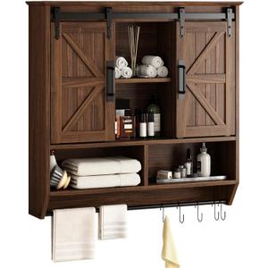 RUSTOWN Farmhouse Bathroom Wall Cabinet,3-Tier Rustic Wood Wall Mounted Cabinets,Vintage Medicine Cabinet with Sliding Barn Door and Adjustable Shelves,Over The Toilet Storage Cabinet (Dark Walnut), 7.9"D x 31.5"W x 30.7"H
