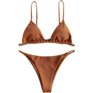 ZAFUL Women's Sexy Triangle Bikini Set Cami String Swimwear Texture High Cut Thong Swimsuit Cheeky Two Piece Bathing Suit (Coffee, XS)