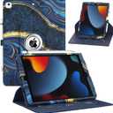 ZoneFoker Case for iPad 9th/8th/7th Generation, iPad 10.2 inch Case 2021/2020/2019, 360 Degree Rotating Stand, iPad 9 8 7 Gen 10.2 Leather Cover with Pocket Design & Pencil Holder, Marble Ocean Blue