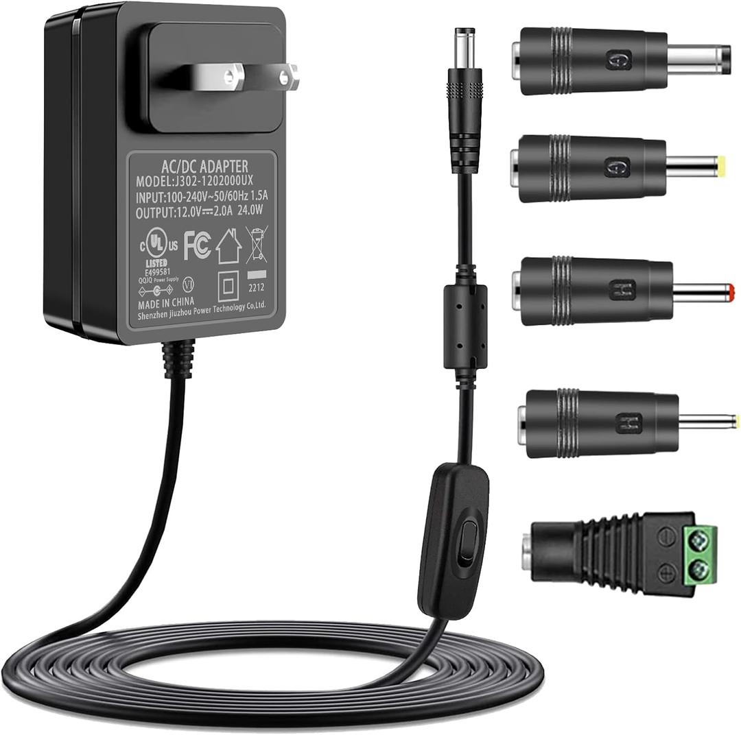 12V 2A AC Adapter Power Supply with Switch UL Listed, 100-240V AC to DC 12VDC Power Cord Transformer Charger fit for 12Volts 2.0A 2000mA 1.5a 1500mA 1.0A 1000mA 0.5a 500mA 0.1A-2.0A.