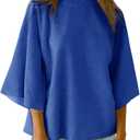 Tankaneo Womens Oversized Tshirts 3/4 Sleeve Drop Shoulder Tops Summer Casual Loose Fit Basic Tee Shirts (X-Large, Blue)