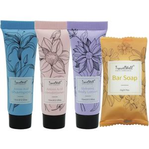 Travel Well Flower Series Individually Wrapped 15ml/0.5 Fl Oz Shampoo + Conditioner + Body Lotion + 21g/0.75 Oz Mini Soap Bars | 240 PIECE | Travel Size Toiletries | Hotel Toiletries Bulk Set