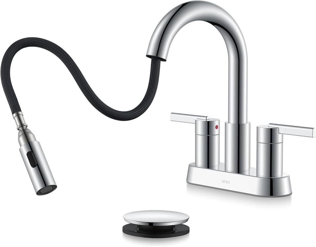 KENES Chrome Centerset Bathroom Faucet with Pull Down Sprayer, 4 Inch 2 Handle Pull Out Bathroom Faucet 3 Hole, Bathroom Sink Faucet with Pop Up Drain & Supply Lines LJ-9069-5
