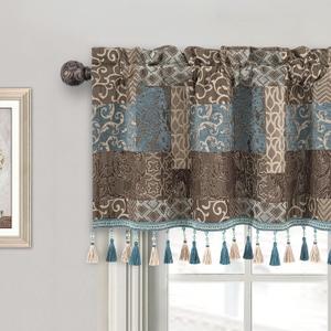 Loom and Mill Luxury Valance Curtains for Windows, Elegant Damask Thick Chenille Window Treatment with Handmade Tassels for Living Room, Bedroom Party Banquet Decorations (54" x 18", Blue), 2 Pieces