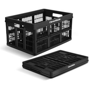 CleverMade Collapsible Utility Crate 45L Foldable Plastic Crate with Heavy Duty 66 lb Capacity for Storage, Trunk Organization, & Moving - Obsidian