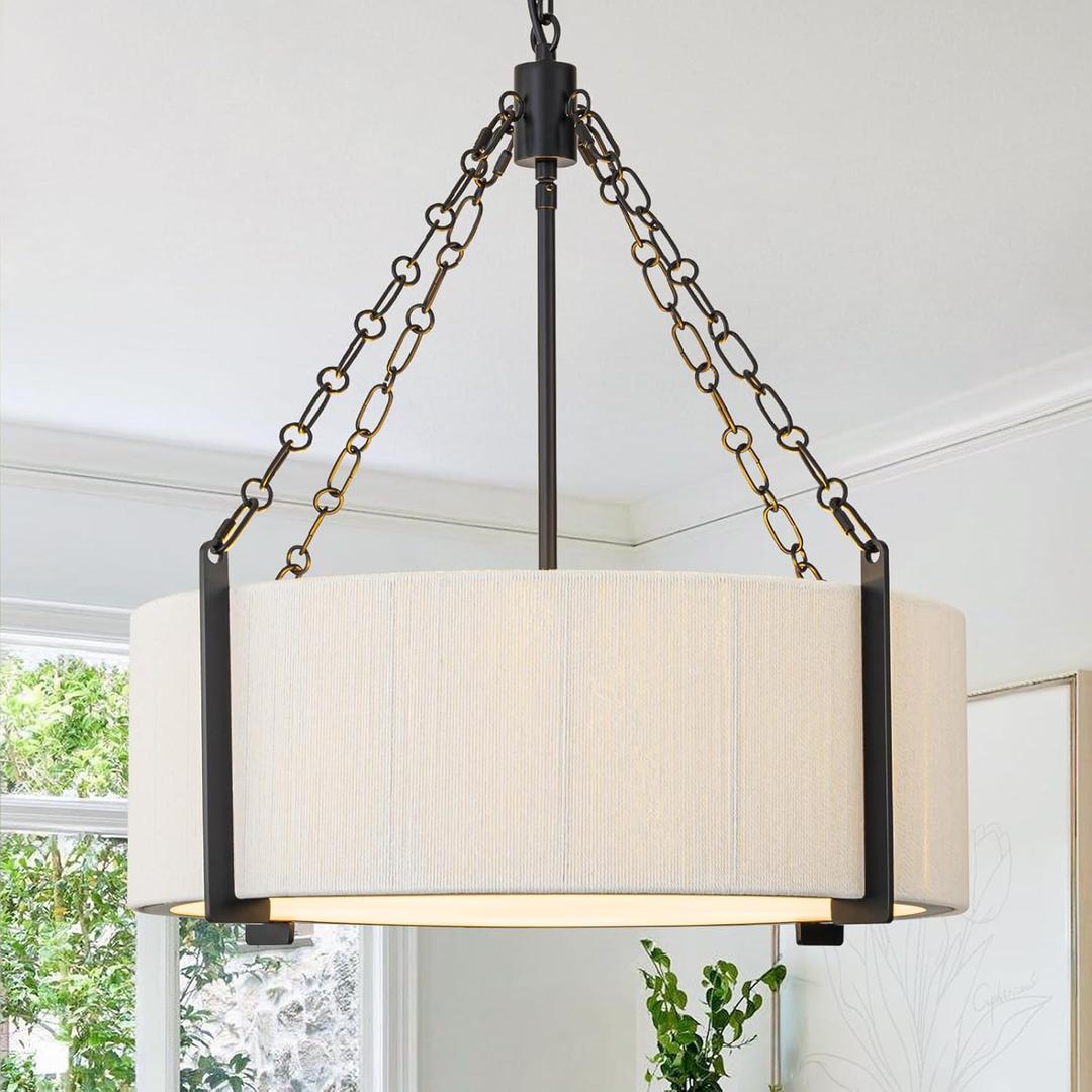 KOOFREDDO 21" White Rattan Chandelier for Dining Room, 5-Light Hand Woven Boho Pendant Light Fixture Adjustable Coastal Chandeliers for Kitchen Island Living Room Bedroom Foyer Hallway, ETL Listed