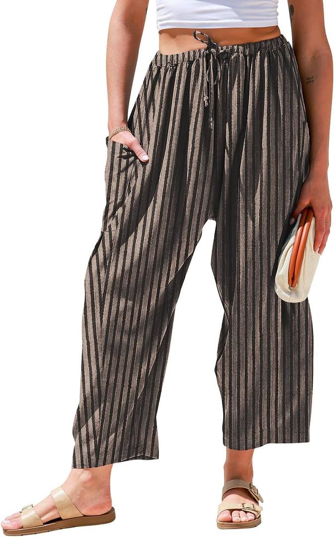 TARSE Womens Linen Wide Leg Pants Casual Loose Drawstring Summer 2026 Beach Travel Vacation Palazzo Harem Pants with Pockets (X-Large, Black Khaki Striped)