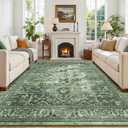 Sage Green 9x12 Vintage Boho Rug for Living Room - Washable Dining Room Rugs Under Table, Soft Low Pile Floral Moss Green Carpet for Bedroom, Non-Slip Bohemian Large Rug for High Traffic Area