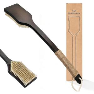 Back Scrubber Shower Brush,Dry Brushing Body Brush with 17.7 Inch Curved Long Handle, Natural Bristles for Lymphatic Drainage, Soft & Stiff Bristles (Natural Fiber, Stiff)