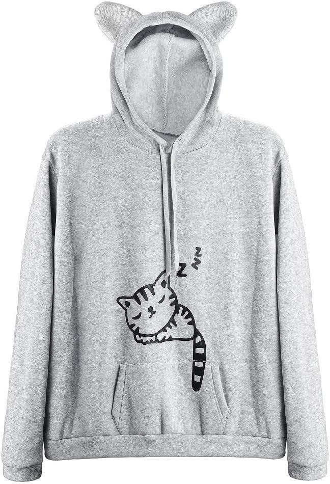 Women Teen Girls Hoodie Sweatshirt With Cute Cat Ear and Sleeping Cat Printed Pullover (Gray, M)