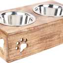 Paw Design Wooden Pet Feeder Station Stand with 2 Stainless Steel Bowls | Raised Dog Bowl Elevated Cat & Puppy Dining Table | 16 x 8.5 x 5 Inches