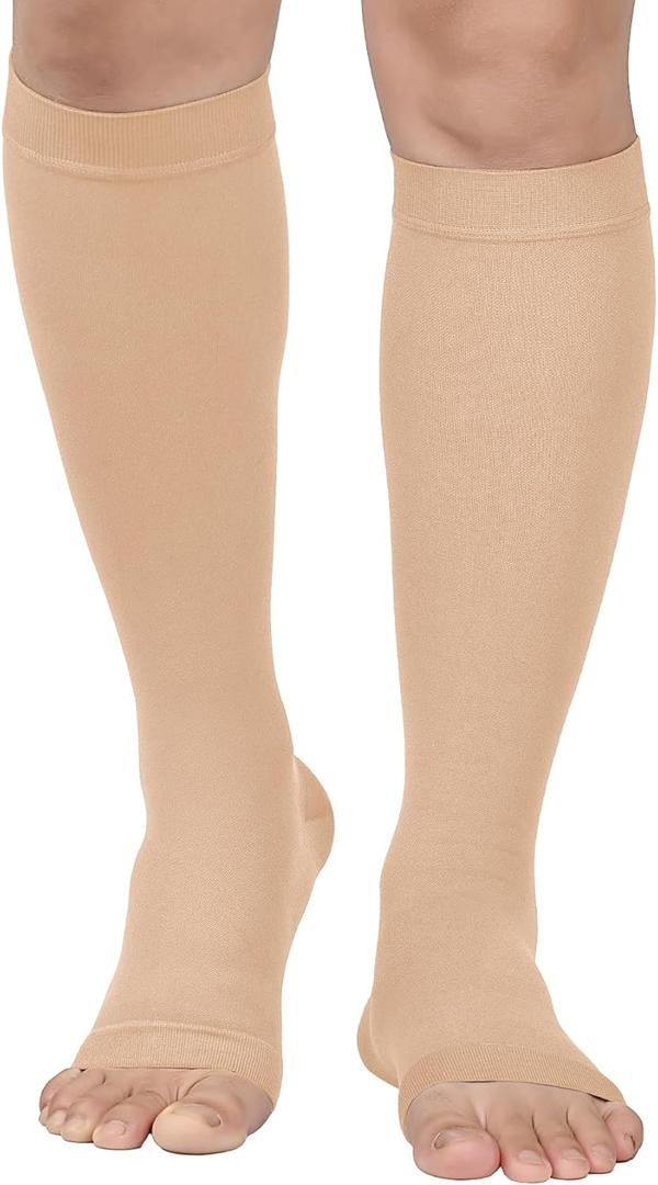 MGANG 20-30 mmHg Compression Stocking for Men and Women, Medical Compression Socks, Knee High Length, Open Toe, for DVT, Varicose Veins, Relief Shin Splints, Edema, Beige Small (1 Pair Beige Small)