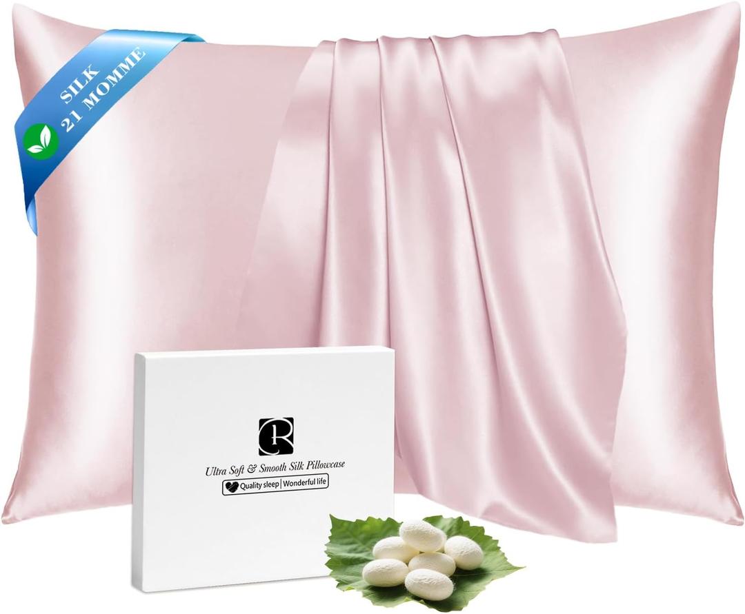 Ravmix Silk Pillow Cases with Zipper, 21momme Mulberry Silk Pillowcase for Hair Skin Health, Soft Smooth Breathable Cool Pillow Cover for Beauty Sleep with Gift Box 1PC(Standard 20"x26", Soft Pink)