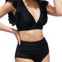 IFFEI Mommy and Me Family Matching Swimsuits Ruffle Sleeve Tie Back Womens Bathing Suit Two Piece Bikini Sets (Black, M)