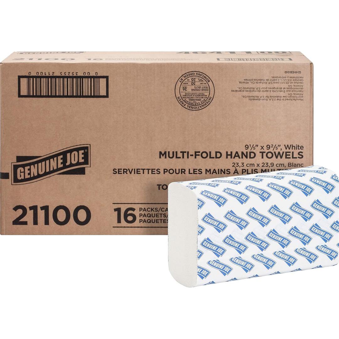 Genuine Joe Multifold Hand Towels, 9.5" x 9.10", 1-Ply, White, 250/Pack, 16 Count