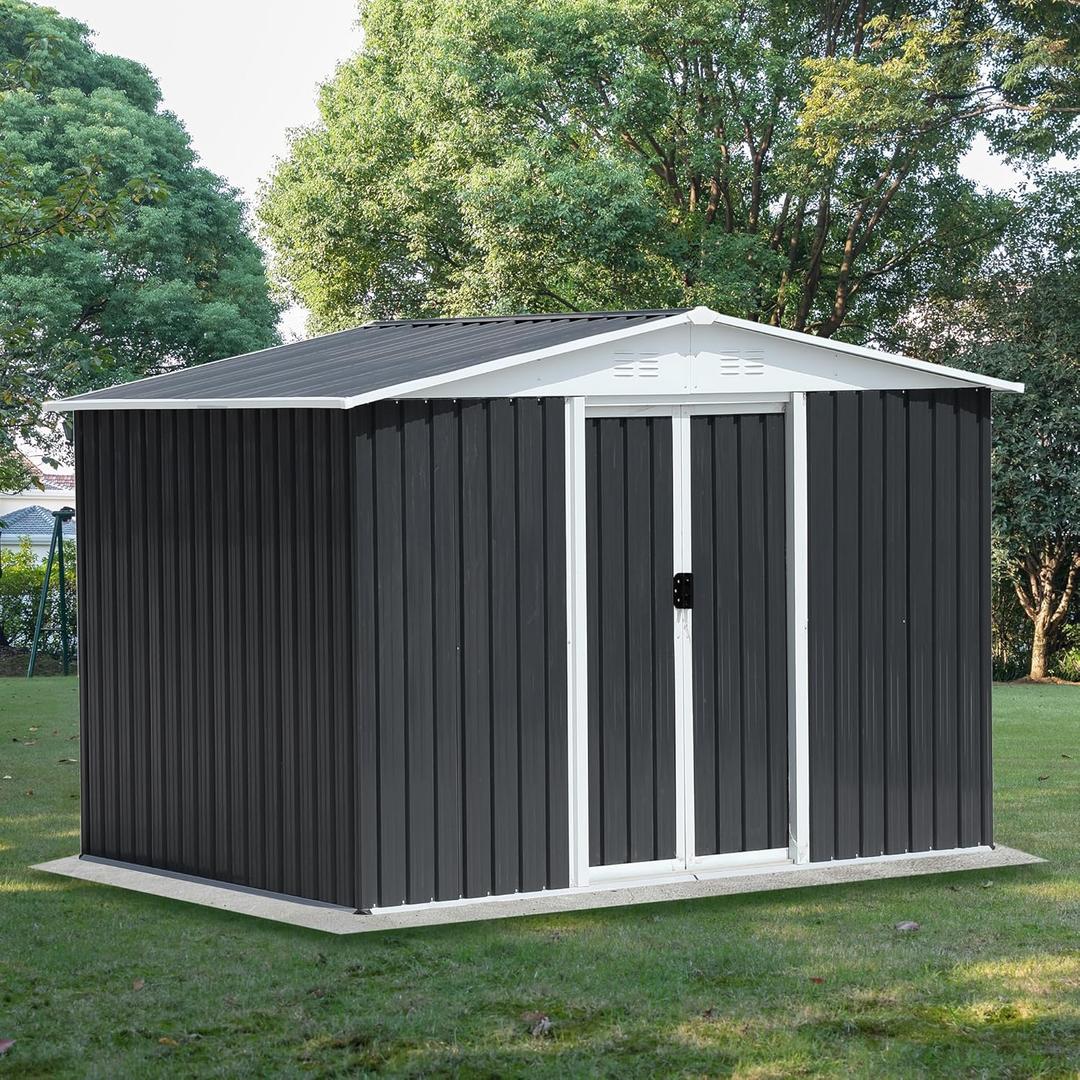 Ball & Cast 8x6 FT Outdoor Storage Shed, Metal Garden Sheds with Punched Vents and Sliding Door, Clearance Tool House with Aluminum Frames for Backyard Patio,Grey (Gray)