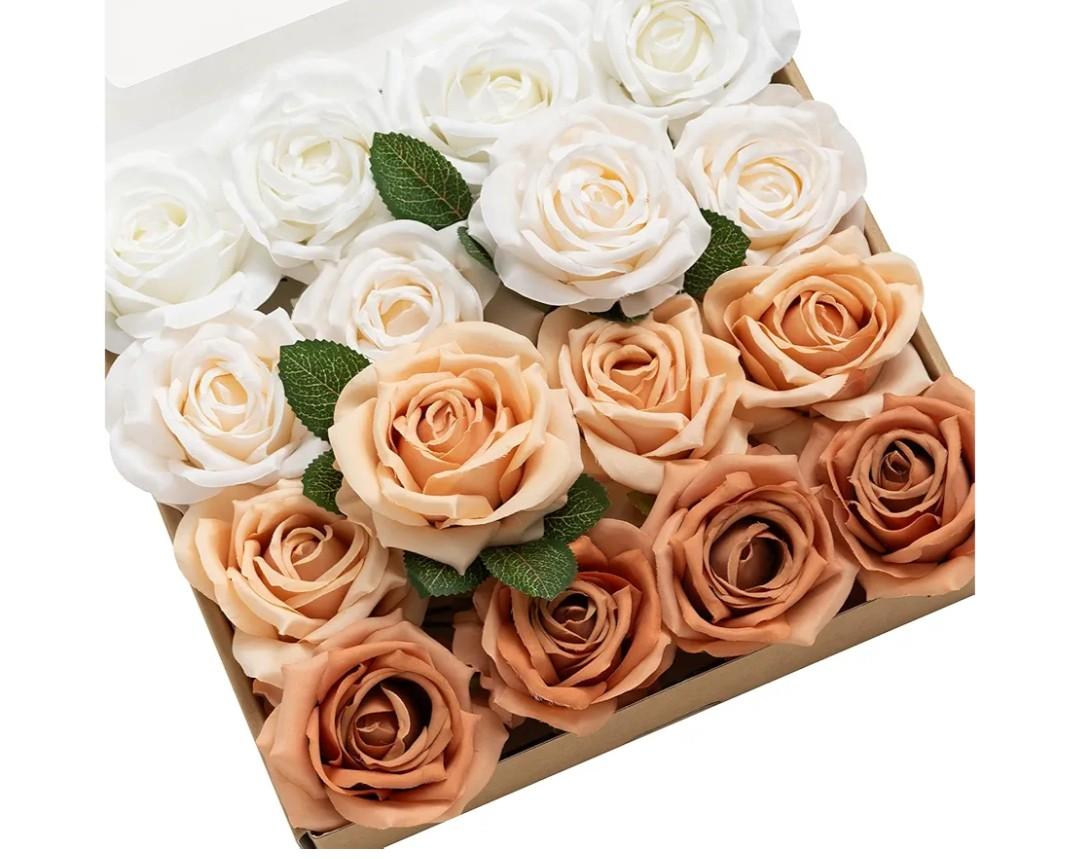 Ling's moment Artificial Flowers, 16pcs Burnt Orange Ombre Faux Silk Roses with Stems, 3.5" Fake Terracotta Flowers Bulk for DIY Wedding Bouquets Centerpieces Party Baby Shower Home Decoration