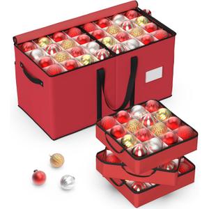 Christmas Ornament Storage Box with 8 Stackable Trays, Holds 128 Ornaments, Foldable Vertical Organizer with 2 Pockets, 600D Oxford Fabric, for Closet Attic Basement Storage (Red + Black)