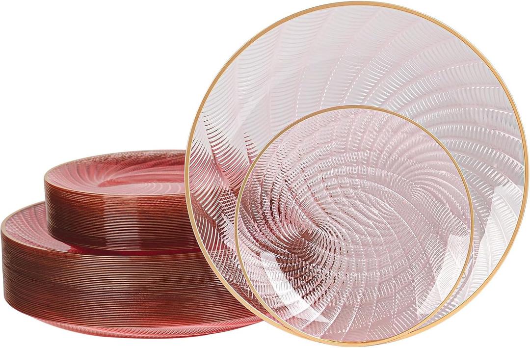 80pcs Clear Pink Disposable Shell Plastic Plates With Gold Rim, 10 inch 40 Dinner Plates and 7 inch 40 Dessert Plates for Party, Wedding, Birthday