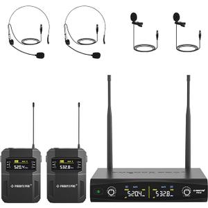 Phenyx Pro UHF Wireless Microphone System w/ 2x30 Tunable Frequencies, Metal Cordless Mic Set, 200 ft Range, 2 Bodypacks & Headsets/Lapel Mics for Speaking, Singing, Church, DJ (PTU522B)