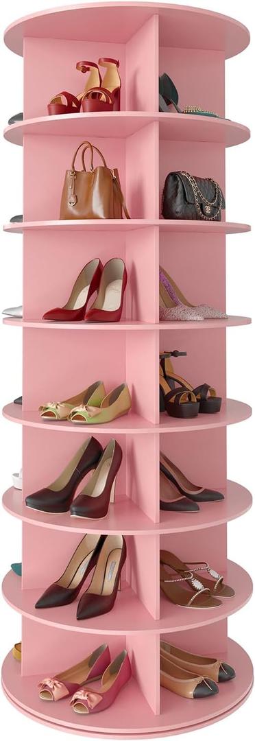 SpaceAid 7 Tier Rotating Shoe Rack Tower, Spinning Shoe Display Lazy Susan, Revolving 360 Shoe Rack Storage Round Carousel, Vertical Handbag Rotate Shoes Closet Organization (7-Tier Pink)