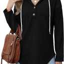 RUMIA Womens Tops V Neck Button Sweatshirt for Women Pullover Long SLeeve Shirts Fall Outfits 2025 Loose Fit S-3XL (Black, L)