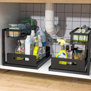 bukfen Under Sink Organizer, Pull Out Cabinet Organizer 2-Tier Slide Out Sliding Shelf Under Cabinet Storage Multi-Use for Under Kitchen Bathroom Sink Organizers and Storage 2 Pack (Black)