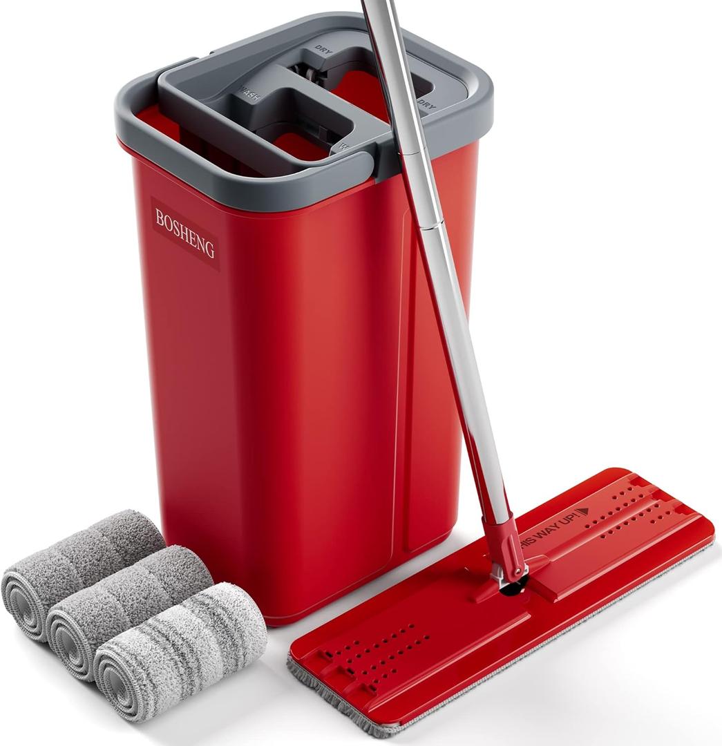 BOSHENG Mop and Bucket with Wringer Set, Flat Mop and Bucket, Squeeze Floor Mop with 3 Washable Microfiber Mops, Wet and Dry Use, Household Cleaning Tools, for Hardwood Floor, Laminate, Tile (1 Bucket [Red] + 50" Mop + 3 Pads, Red)