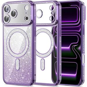 Petocase for iPhone 17 Pro Max 6.9 inch Case Magnetic Glitter Phone Cases [Compatible with MagSafe] Sparkle Diamond Rhinestone Camera Lens Protector Slim Shockproof Cover for Girs Women Purple