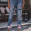 EVALESS Ripped Jeans for Women Plaid Patch Boyfriend Skinny Distressed Denim Jean Pants (Blue, L)