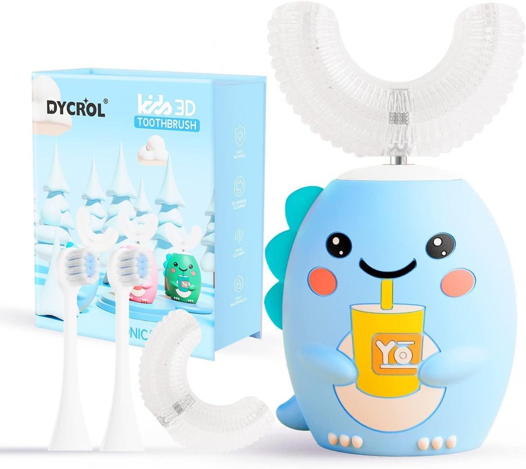 DYCROL Kids U Shaped Electric Toothbrush with 4 Brush Heads, Sonic Toothbrush Kids with 5 Modes, Cartoon Dinosaur 360-Degree Cleaning IPX7 Waterproof Design (6-12 Age (Blue))