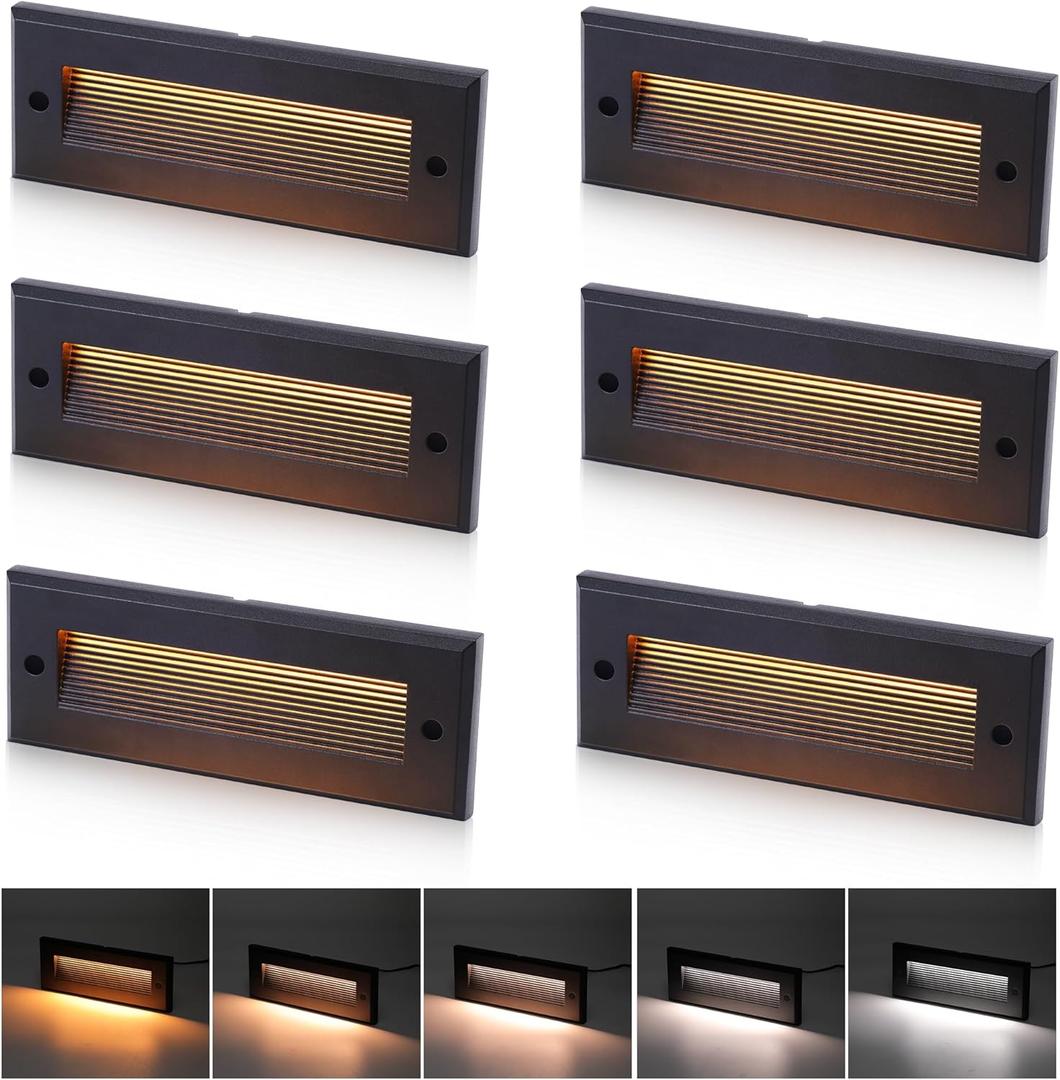 [6 Pack] Cloudy Bay 9 Inch 5CCT Low Voltage LED Outdoor Step Lights 12V-15V 3W/5W Dual-Bright Selectable Landscape Stair Lights,Exterior Deck Lights, Aluminum,Metal Black