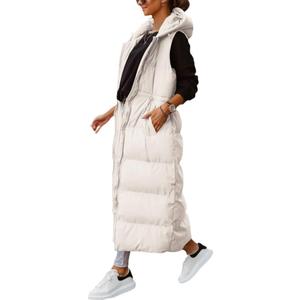 Shanfetl Women's Long Quilted Vest Hooded Maxi Length Sleeveless Puffer Vest Padded Coat Winter Outerwear (Beige)