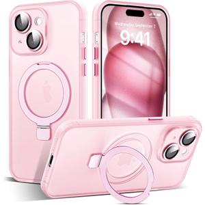 Designed for iPhone 14 Case with Magnetic Invisible Ring Stand [Military Drop&Full Camera Lens Protection][Compatible with Mag-Safe] Matte Translucent Slim Phone Cases for iPhone 14 6.1"Pink