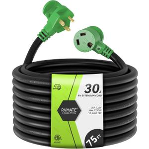 RVMATE 30 Amp 75 Feet RV Power Extension Cord with Easy Plug-in Handle, TT-30P to TT-30R, LED Indicator, 10 AWG, ETL Listed