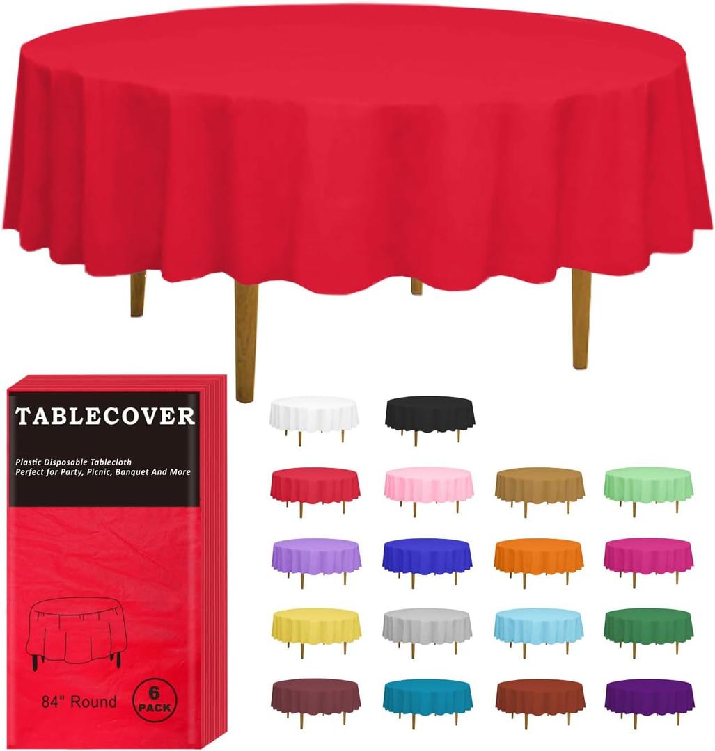 D&Z Plastic Table Cloth Disposable, 6 Pack Red Round Tablecloth Individually Wrapped for Indoor&Outdoor, 84 Inch Table Cover for Party, Picnic, Birthday, Wedding & Dinner