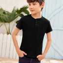 GAMISOTE Kids Boys Henley Shirts Solid Button Down Short Sleeve Pocket Casual Tops Tees (Black)