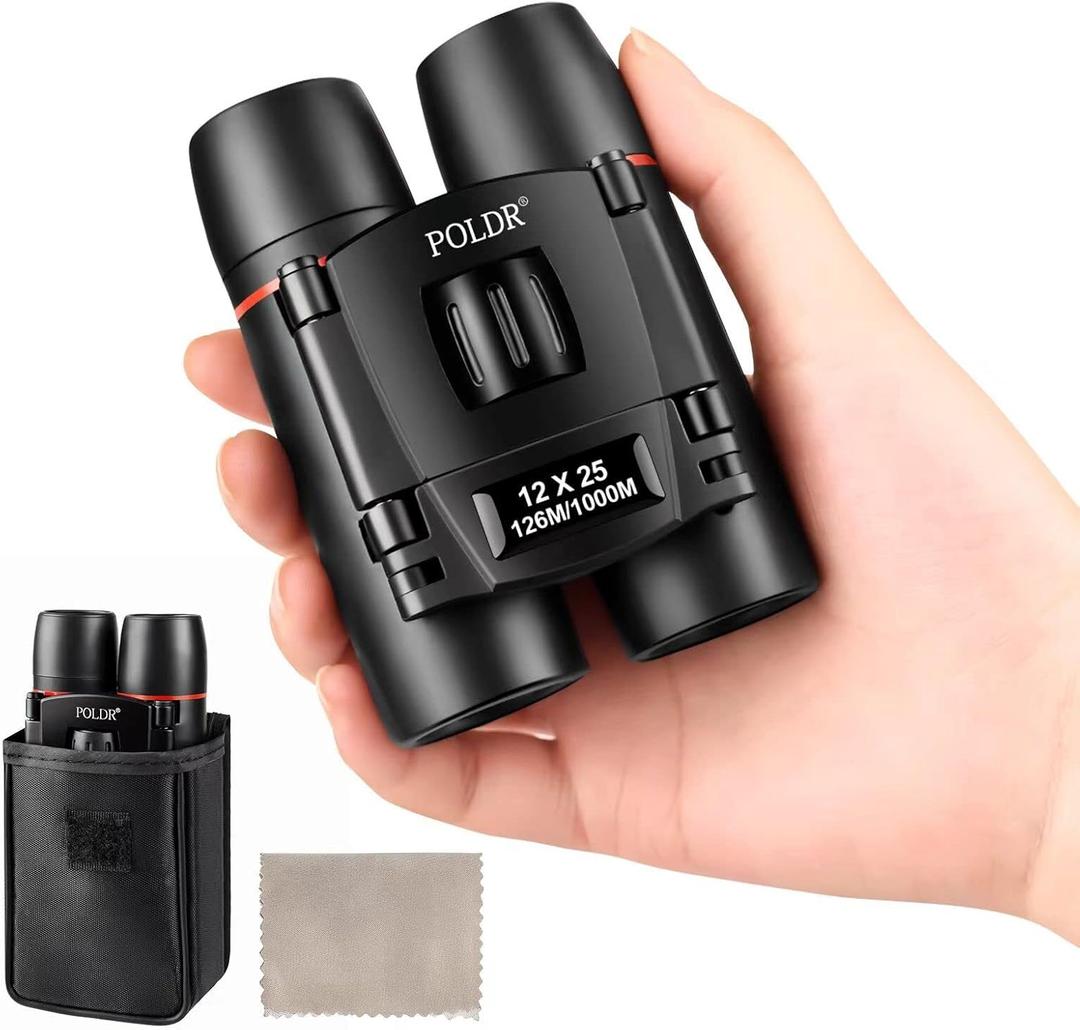 POLDR 12X25 Small Binoculars with Clear Vision, Pocket Binoculars Compact for Adults Theater Concert Opera Travel Bird Watching (Black)